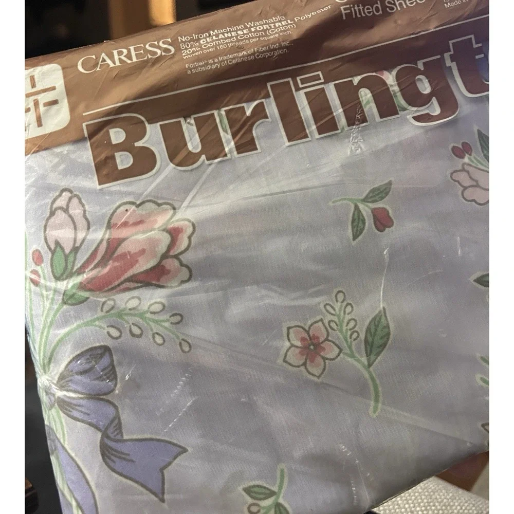 Vintage Burlington Caress Floral Fitted Twin Sheet Periwinkle Bouquet Ribbon New